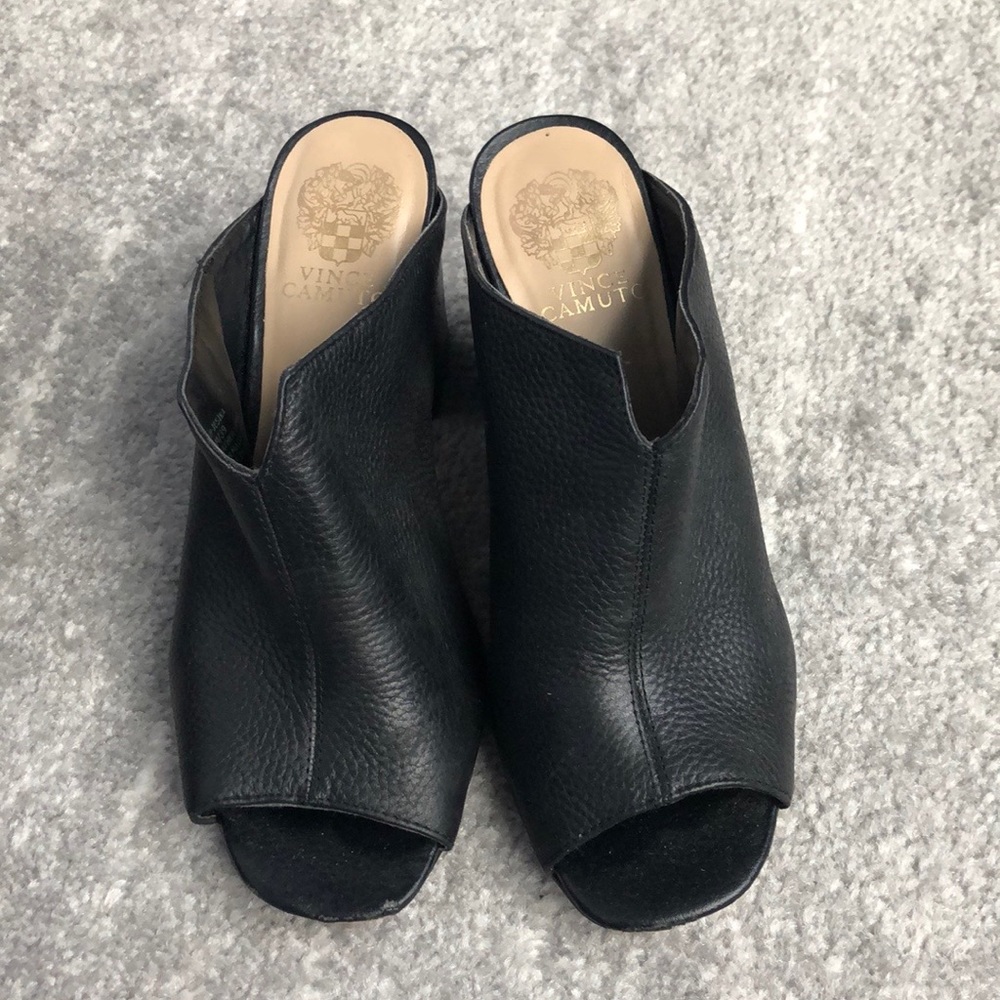 Black pebbled leather heeled slides